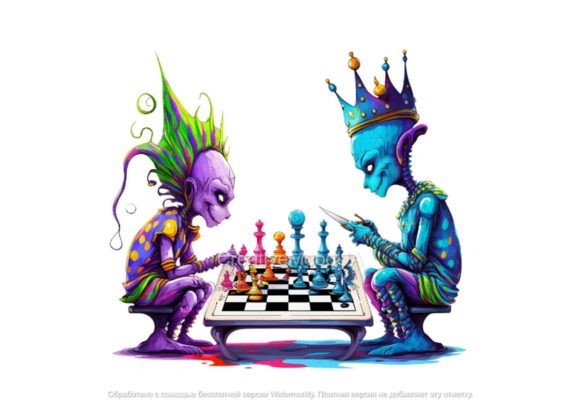Aliens King and Jester Playing Chess: A Royal Design Asset