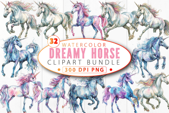 Enchanting Equine Art: The WaterColor Dreamy Horse Clipart Bundle