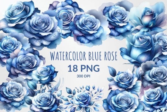 Watercolor Blue Rose Sublimation Clipart: 18 Ethereal Designs for Your Projects