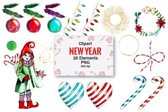 Watercolor New Year Clipart: PNG Files for Festive Design