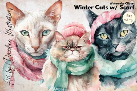 Watercolor Winter Cats in Scarfs: A Whimsical Design Asset