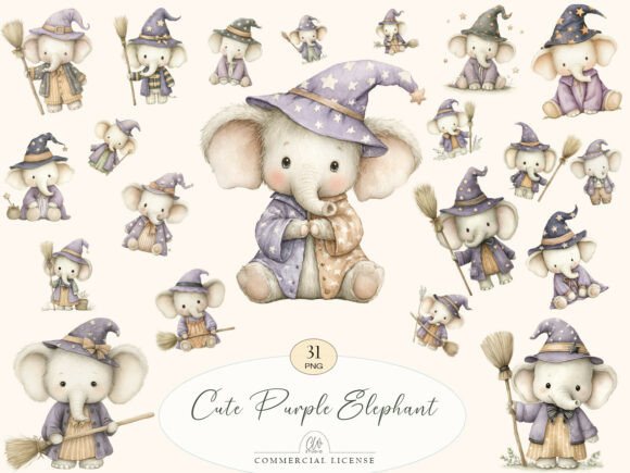 Whimsical Purple Witch Elephant Clipart for Creative Projects