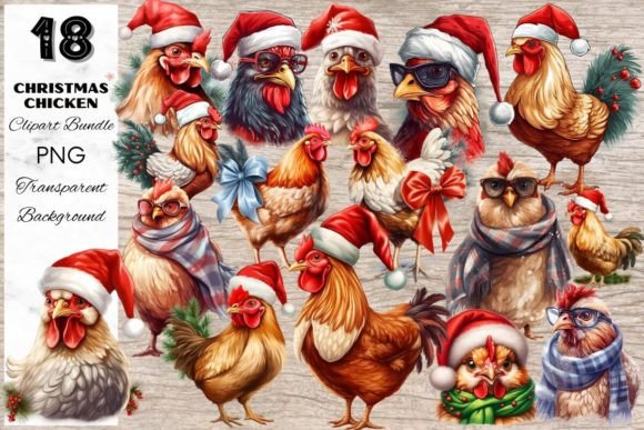 Whimsical Watercolor Charm: Christmas Chicken & Rooster Clipart